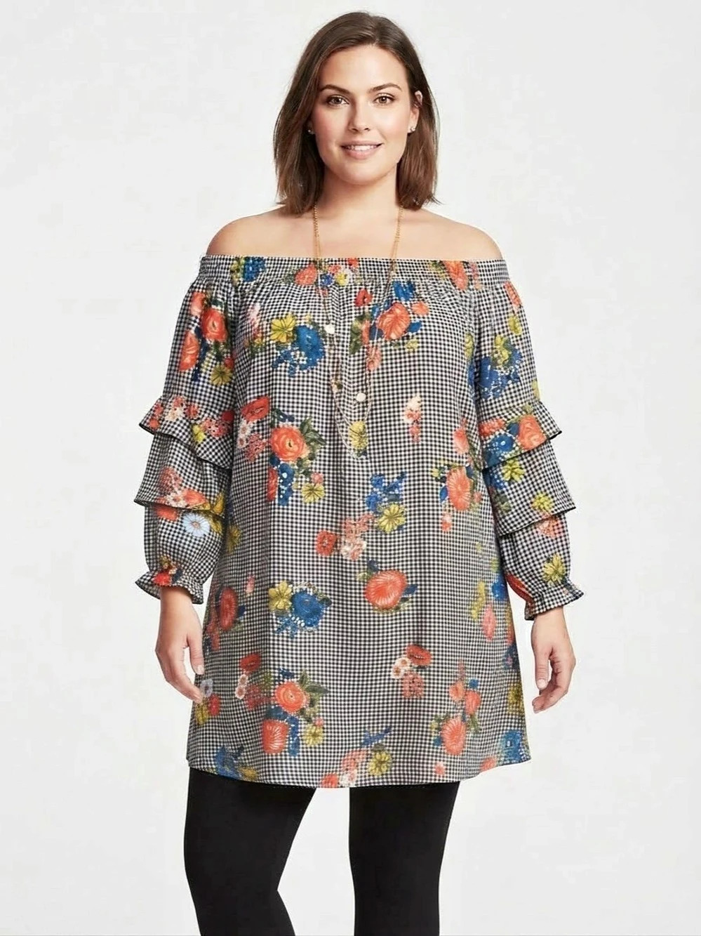 Eyeshadow Off-Shoulder Peasant Midi Dress Gingham Floral Size XL